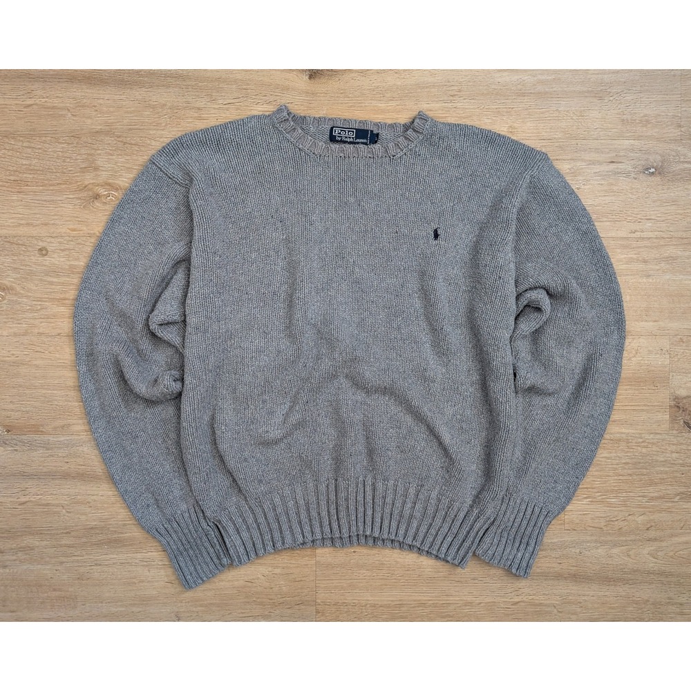 Polo Ralph Lauren Mens Grey VTG Cotton Knit Crewneck Sweater Navy Large